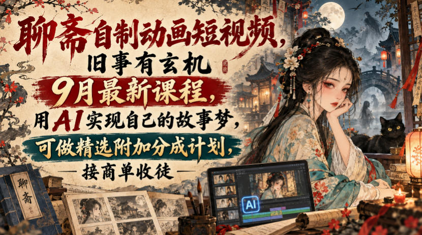 聊斋自制动画短视频，旧事有玄机9月最新课程，用AI实现自己的故事梦，可做精选附加分成计划，接商单收徒-鑫梵淘轻创网