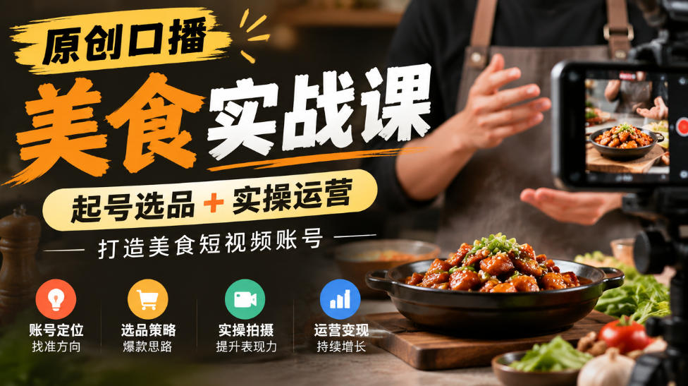 原创口播美食实战课,起号选品+实操运营,打造美食短视频账号-鑫梵淘轻创网