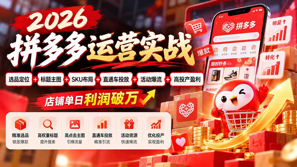 2026拼多多运营实战-更新1002:选品定位+标题主图+SKU布局+直通车投放+活动爆流+高投产盈利 店铺单日利润破万-鑫梵淘轻创网