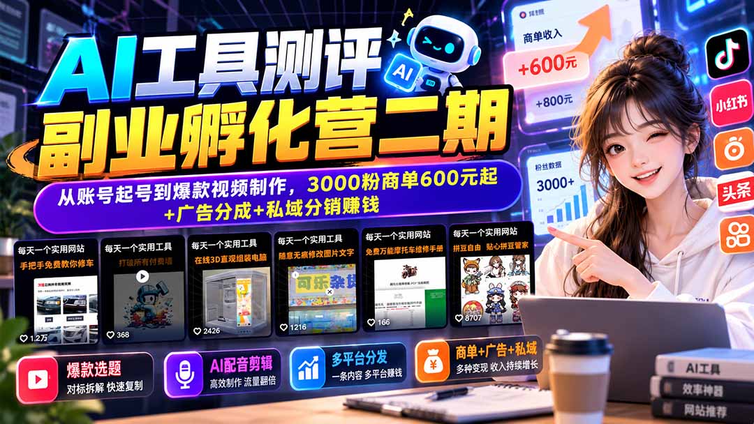 AI工具测评副业孵化营二期:从账号起号到爆款视频制作,3000粉商单600元起+广告分成+私域分销赚钱-鑫梵淘轻创网
