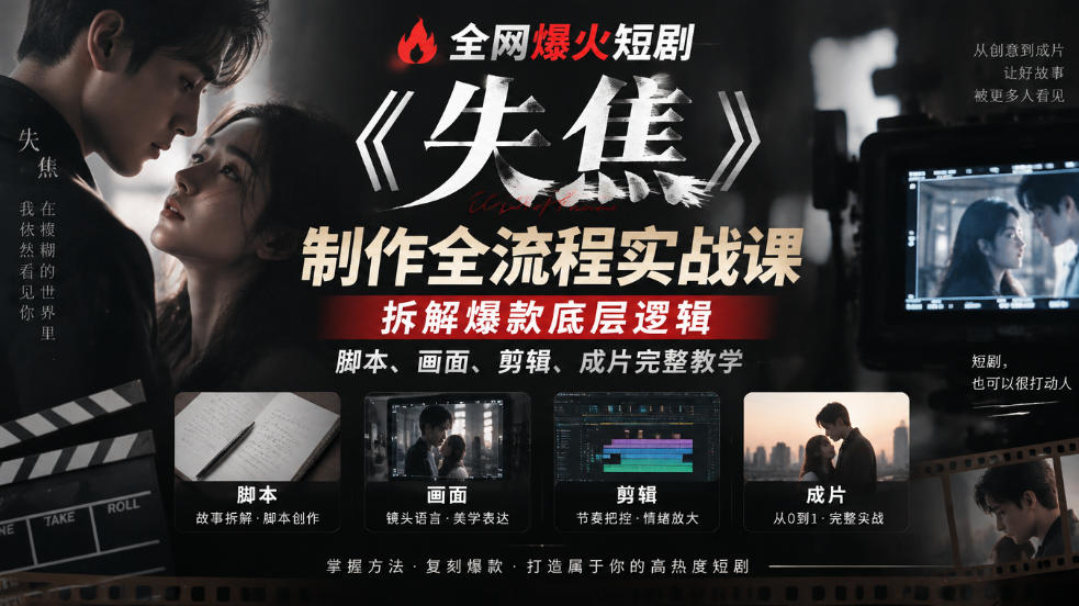 全网爆火短剧《失焦》制作全流程实战课|拆解爆款底层逻辑,脚本、画面、剪辑、成片完整教学-鑫梵淘轻创网