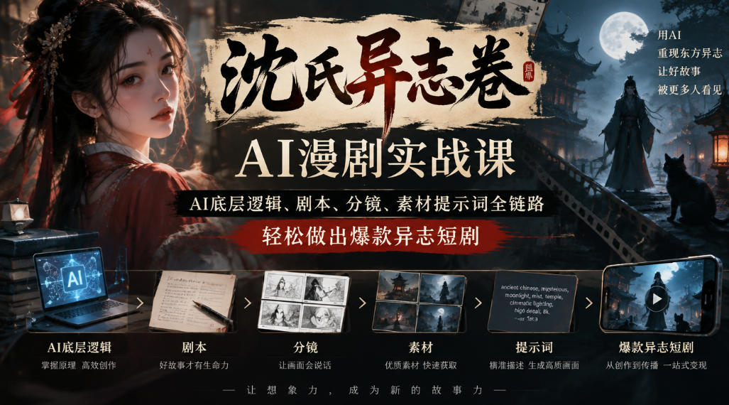 沈氏异志卷AI漫剧实战课|AI底层逻辑、剧本、分镜、素材提示词全链路,轻松做出爆款异志短剧-鑫梵淘轻创网