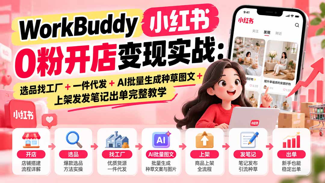 WorkBuddy小红书0粉开店变现实战：选品找工厂+一件代发+AI批量生成种草图文+上架发发笔记出单完整教学-鑫梵淘轻创网