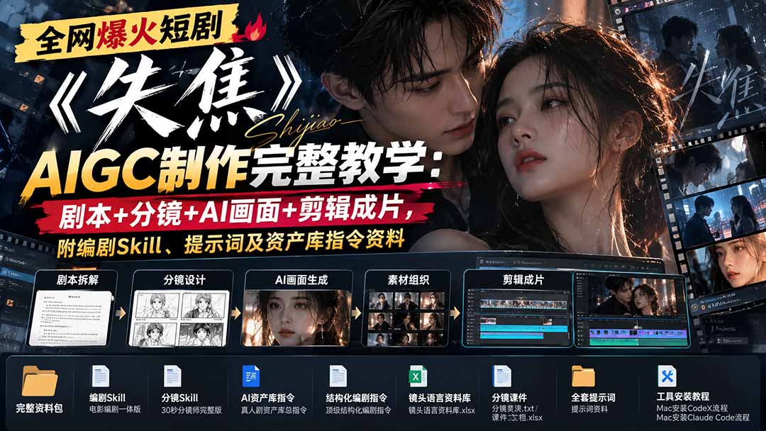 全网爆火短剧《失焦》AIGC制作完整教学:剧本+分镜+AI画面+剪辑成片,附编剧Skill、提示词及资产库指令资料-鑫梵淘轻创网