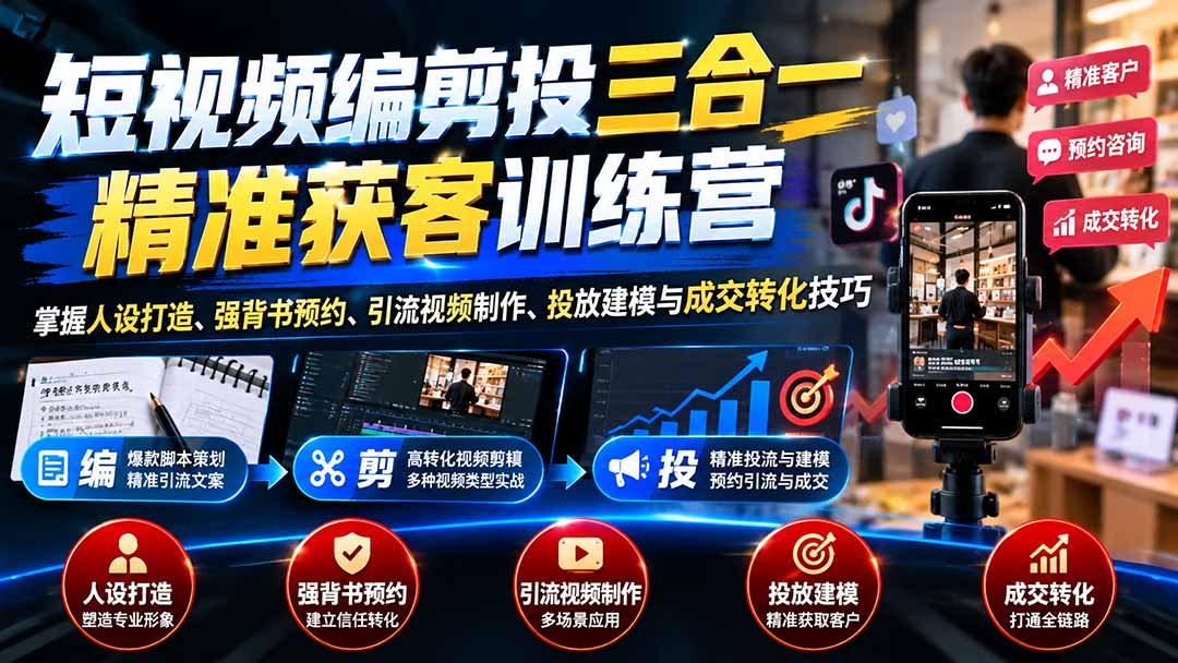 短视频编剪投三合一精准获客训练营:掌握人设打造、强背书预约、引流视频制作、投放建模与成交转化技巧-鑫梵淘轻创网