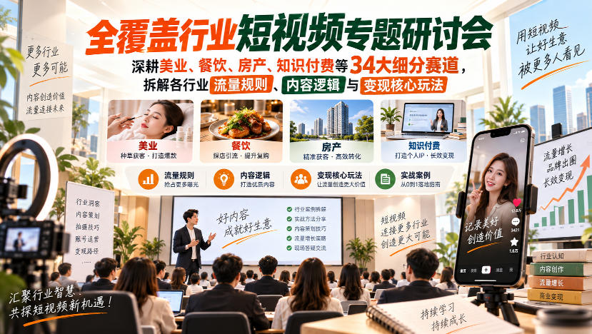 短视频专题研讨会，深耕美业、餐饮、房产、知识付费等34大细分赛道，拆解各行业流量规则、内容逻辑与变现核心玩法(更新1011)-鑫梵淘轻创网
