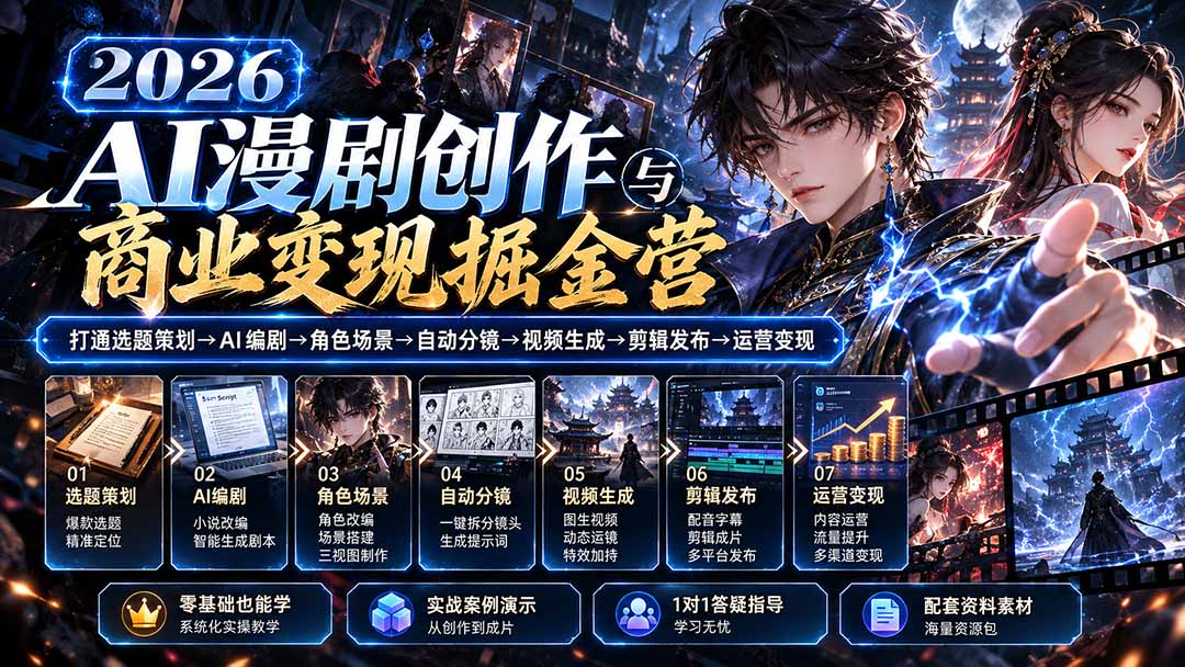 【无水印】2026AI漫剧创作与商业变现掘金营:打通选题→AI编剧→角色场景→自动分镜→视频生成→剪辑发布→运营变现-鑫梵淘轻创网