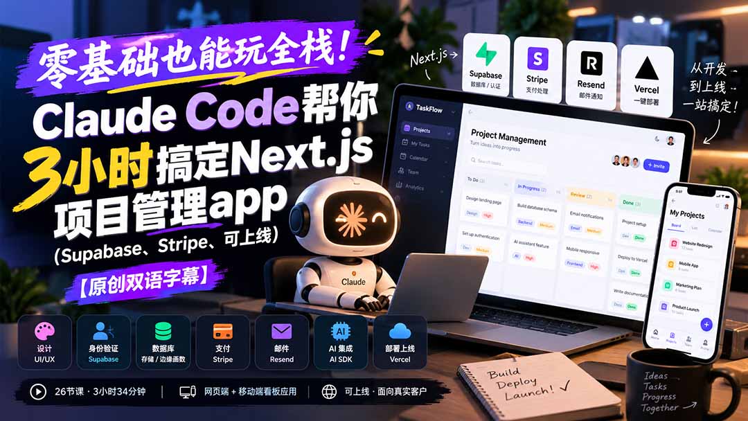 零基础也能玩全栈!Claude Code帮你3小时搞定Next.js项目管理app(Supabase、Stripe、可上线-鑫梵淘轻创网