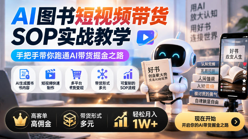 AI图书短视频带货SOP实战教学,手把手带你跑通AI带货掘金之路,高客单高佣金,带货形式多元,轻松月入1W+-鑫梵淘轻创网