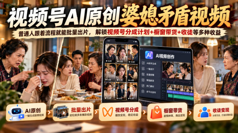 视频号ai原创婆媳矛盾视频,普通人跟着流程就能批量出片,解锁视频号分成计划+橱窗带货+收徒等多种收益-鑫梵淘轻创网