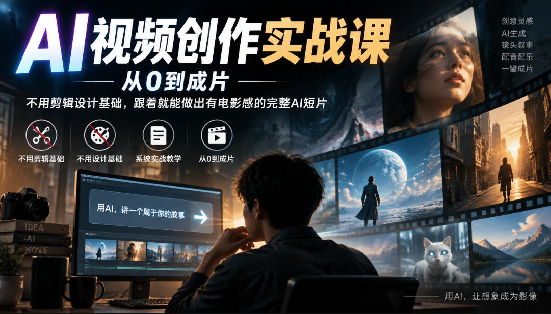 AI视频创作实战课,从0到成片,不用剪辑设计基础,跟着就能做出有电影感的完整AI短片-鑫梵淘轻创网