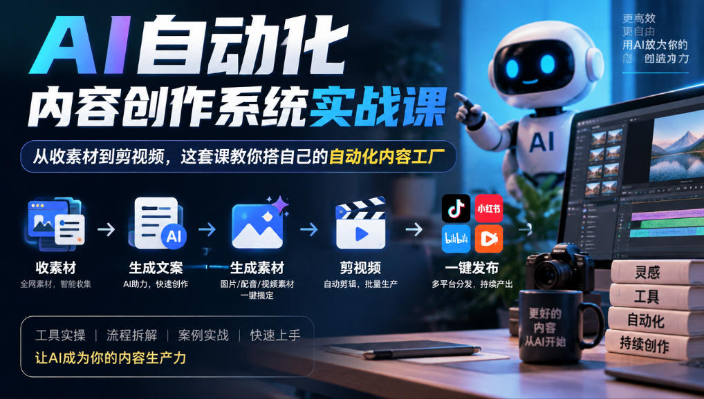 AI自动化内容创作系统实战课,从收素材到剪视频,这套课教你搭自己的自动化内容工厂-鑫梵淘轻创网