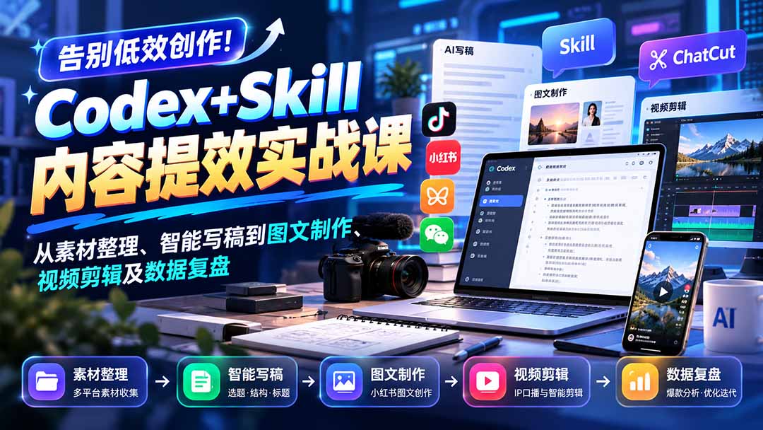 【无水印】告别低效创作！Codex+Skill内容提效实战课：从素材整理、智能写稿到图文制作、视频剪辑及数据复盘-鑫梵淘轻创网