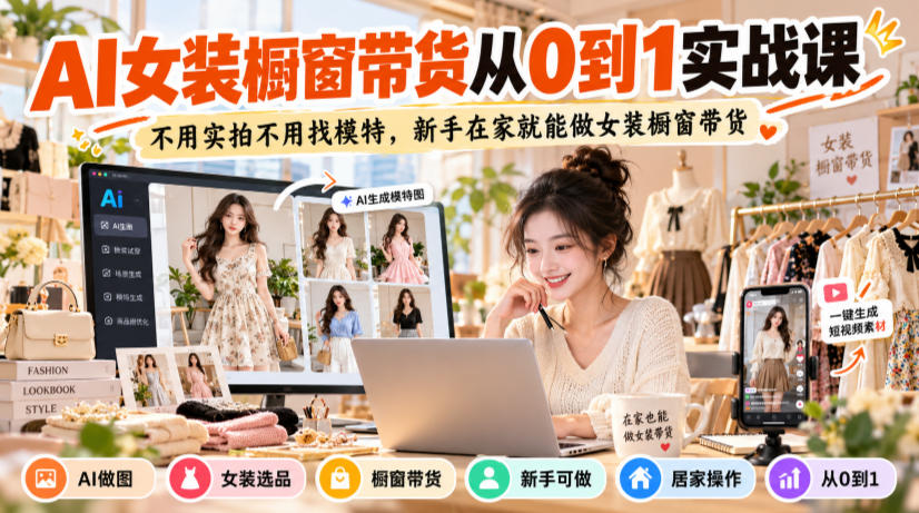 AI女装橱窗带货从0到1实战课,不用实拍不用找模特,新手在家就能做女装橱窗带货-鑫梵淘轻创网