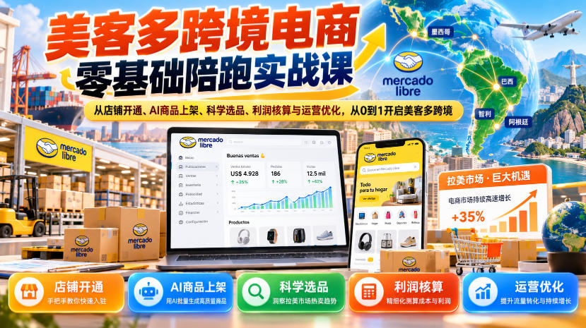 美客多跨境电商零基础陪跑实战课:从店铺开通、AI商品上架、科学选品、利润核算与运营优化,从0到1开启美客多跨境-鑫梵淘轻创网
