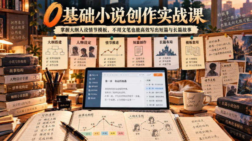 0基础小说创作实战课｜掌握大纲人设情节模板，不用文笔也能高效写出短篇与长篇故事-鑫梵淘轻创网