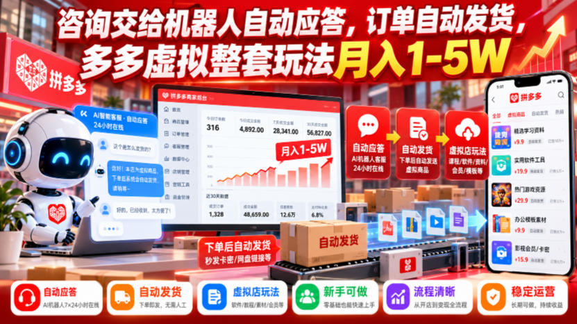 咨询交给机器人自动应答，订单自动发货，多多虚拟整套玩法月入1-5W【揭秘】-鑫梵淘轻创网