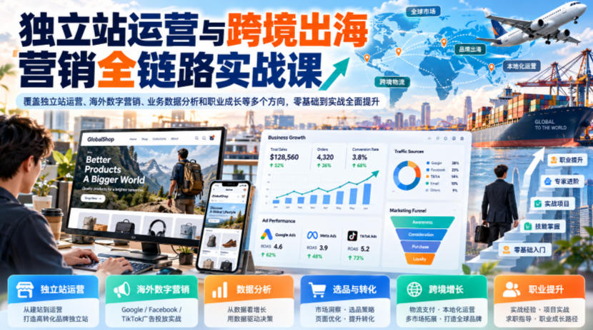 独立站运营与跨境出海营销全链路实战课，覆盖独立站运营、海外数字营销、业务数据分析和职业成长等多个方向，零基础到实战全面提升-鑫梵淘轻创网
