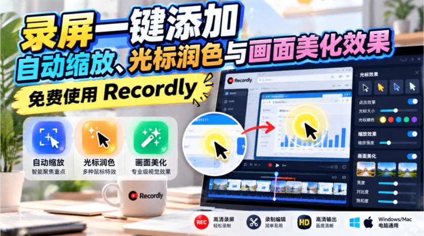 录屏一键添加自动缩放、光标润色与画面美化效果，免费使用Recordly-鑫梵淘轻创网