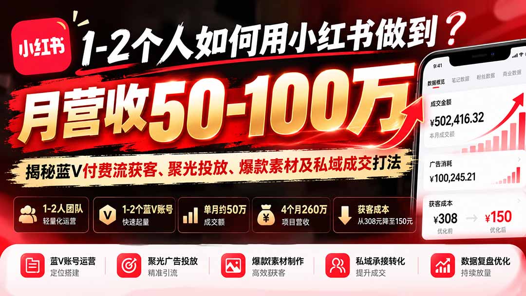 1-2个人如何用小红书做到月营收50-100万?揭秘蓝V付费流获客、聚光投放、爆款素材及私域成交打法-鑫梵淘轻创网