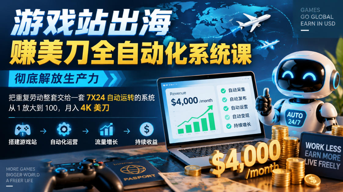 游戏站出海賺美刀全自动化系统课，彻底解放生产力--把重复劳动整套交给一套7X24自动运转的系统，从1放大到100，月入4K美刀-鑫梵淘轻创网