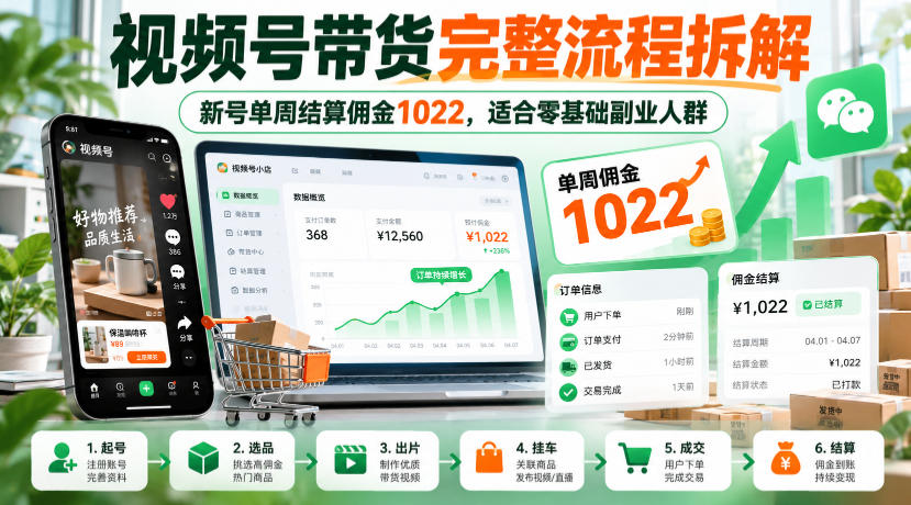 视频号带货完整流程拆解，新号单周结算佣金1022，适合零基础副业人群-鑫梵淘轻创网