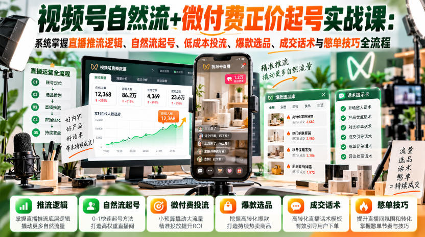 视频号自然流+微付费正价起号实战课：系统掌握直播推流逻辑、自然流起号、低成本投流、爆款选品、成交话术与憋单技巧全流程-鑫梵淘轻创网