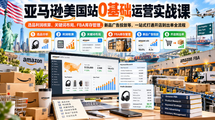 亚马逊美国站0基础运营实战课|选品利润核算、关键词布局、FBA库存管理、新品广告投放等,一站式打通开店到出单全流程-鑫梵淘轻创网
