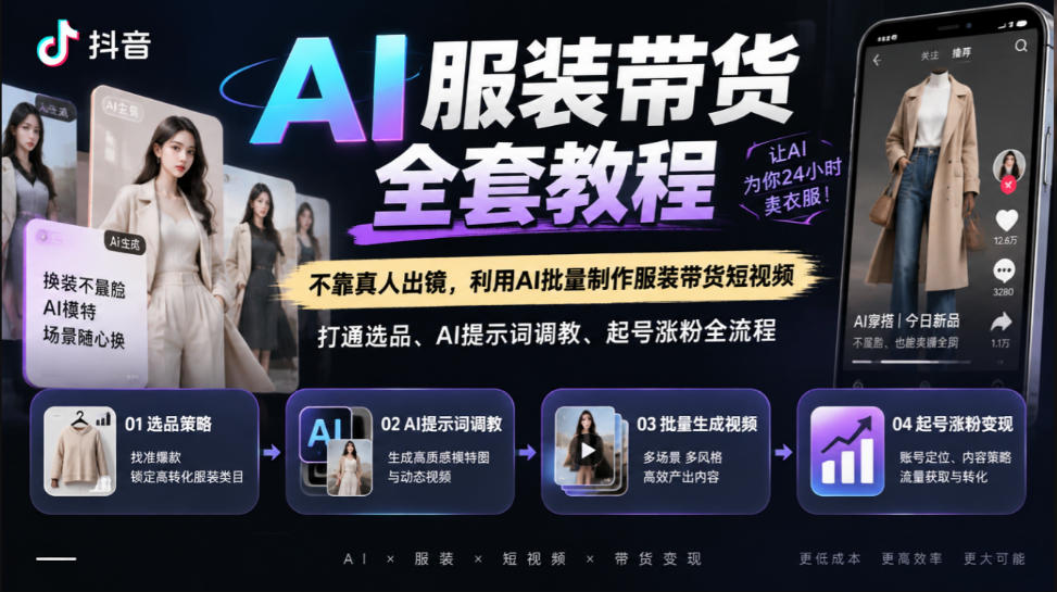 抖音AI服装带货全套教程，不靠真人出镜，利用AI批量制作服装带货短视频，打通选品、AI提示词调教、起号涨粉全流程-鑫梵淘轻创网