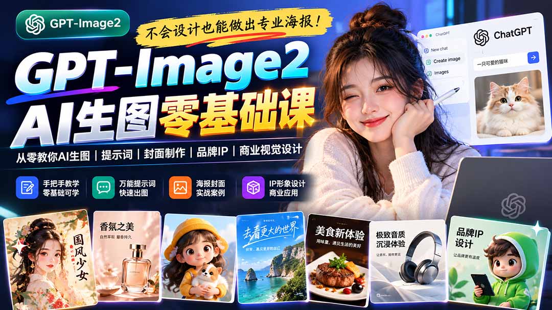 不会设计也能做出专业海报!GPT-Image2从零教你AI生图、提示词、封面制作、品牌IP与商业视觉设计-鑫梵淘轻创网