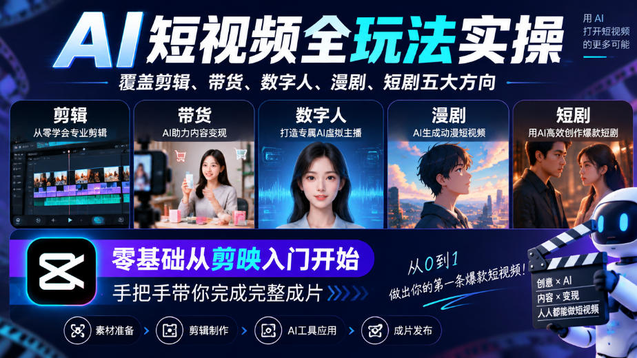 AI短视频全玩法实操，覆盖剪辑、带货、数字人、漫剧、短剧五大方向，零基础从剪映入门开始，手把手带你完成完整成片-鑫梵淘轻创网