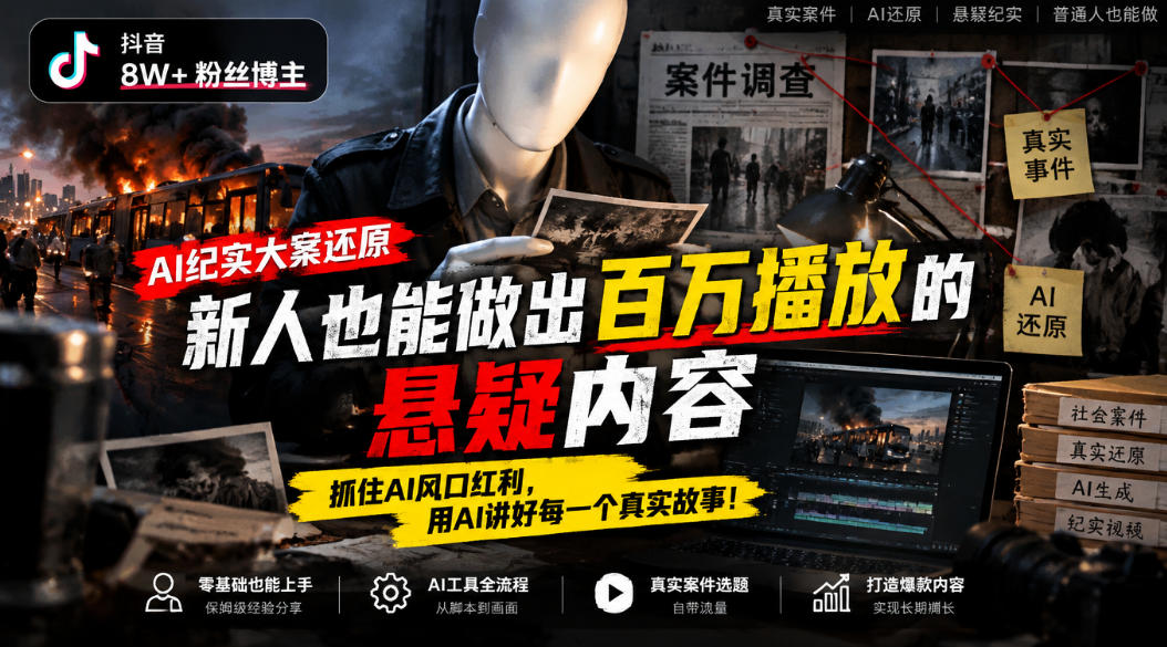 抖音8W粉丝博主的AI纪实大案还原教学，新人也能做出百W播放的悬疑内容，抓住AI风口红利，用AI讲好每一个真实故事(更新1014)-鑫梵淘轻创网