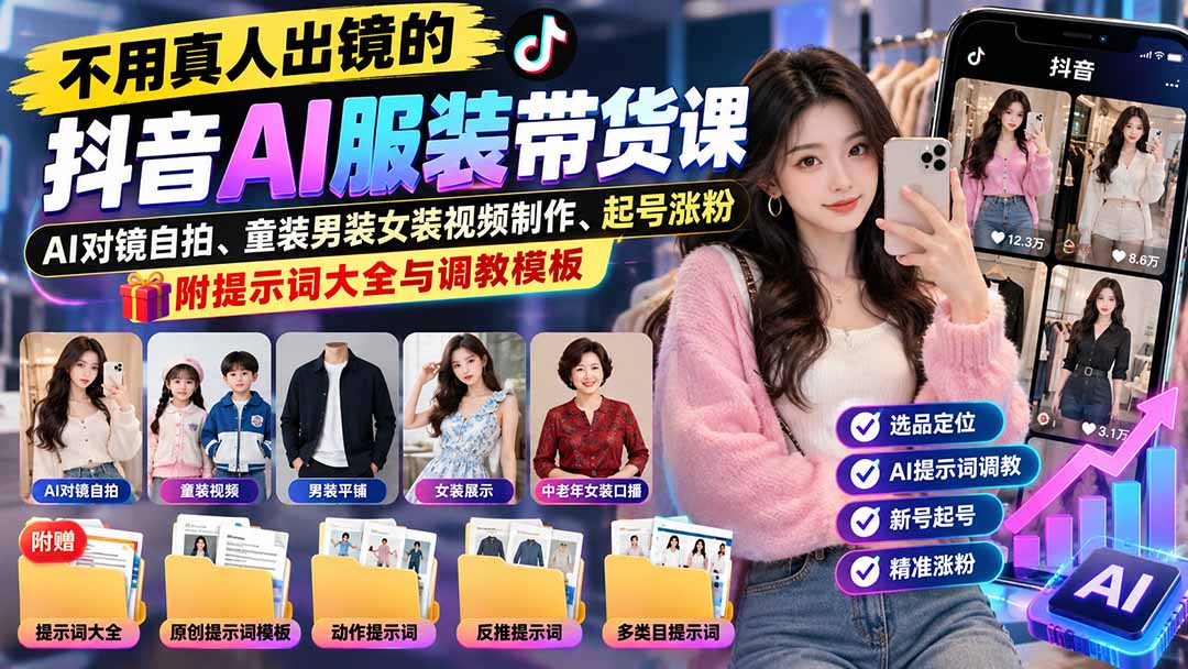 不用真人出镜的抖音AI服装带货课：AI对镜自拍、童装男装女装视频制作、起号涨粉，附提示词大全与调教模板-鑫梵淘轻创网