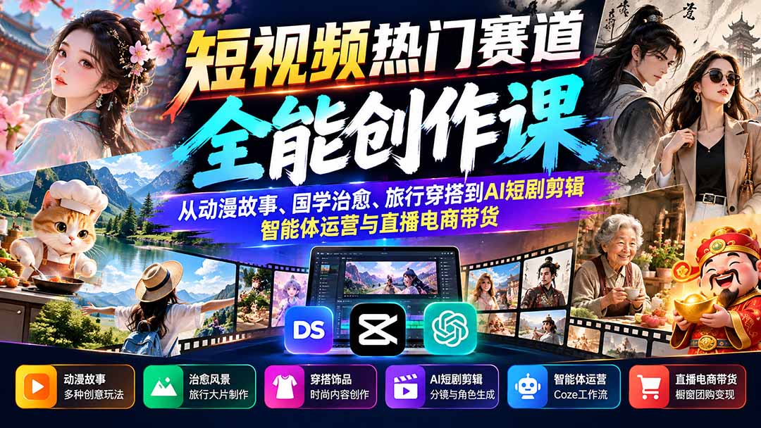 短视频热门赛道全能创作课：从动漫故事、国学治愈、旅行穿搭到AI短剧剪辑、智能体运营与直播电商带货-鑫梵淘轻创网