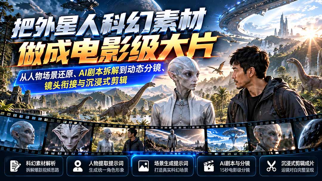 把外星人科幻素材做成电影级大片:从人物场景还原、AI剧本拆解到动态分镜、镜头衔接与沉浸式剪辑-鑫梵淘轻创网