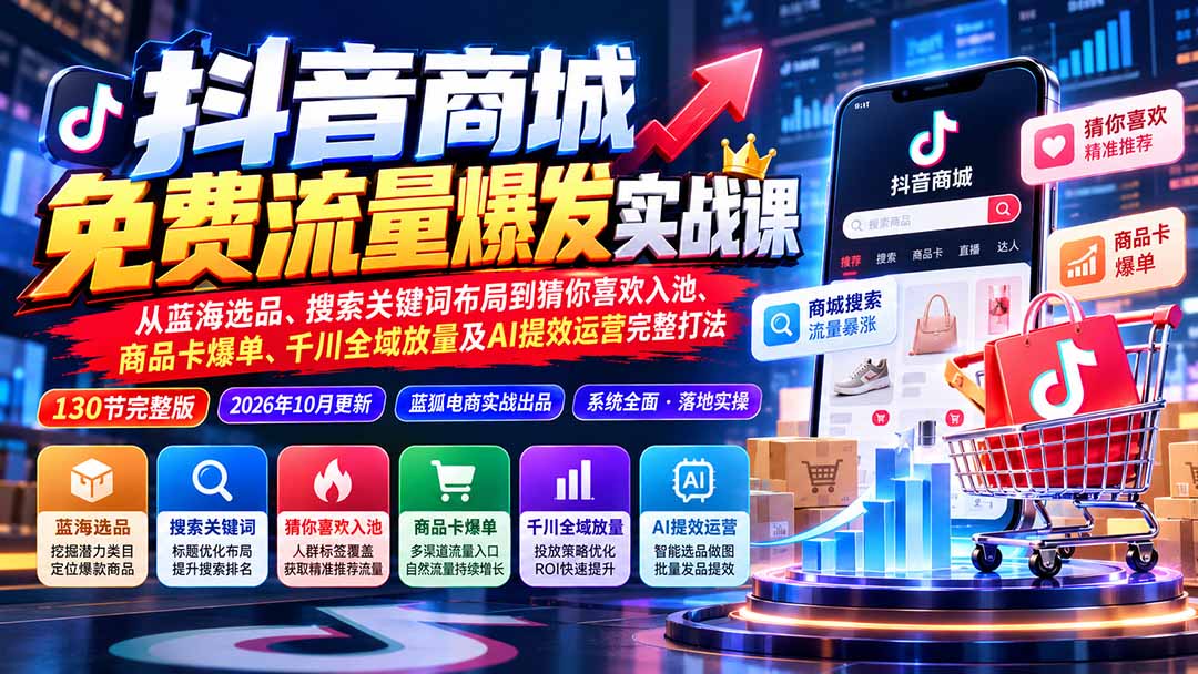 抖音商城免费流量爆发实战：从蓝海选品、搜索关键词布局到猜你喜欢入池、商品卡爆单、千川全域放量及AI提效完整打法-鑫梵淘轻创网
