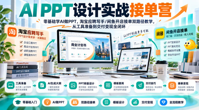 AI PPT设计实战接单营｜零基础学AI做PPT，淘宝应聘写手/闲鱼开店接单双路径教学，从工具准备到交付变现全闭环-鑫梵淘轻创网