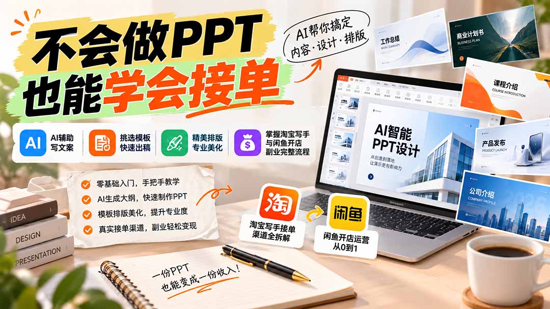 不会做PPT也能学会接单:AI辅助写文案、挑模板、做排版,掌握淘宝写手与闲鱼开店副业完整流程-鑫梵淘轻创网