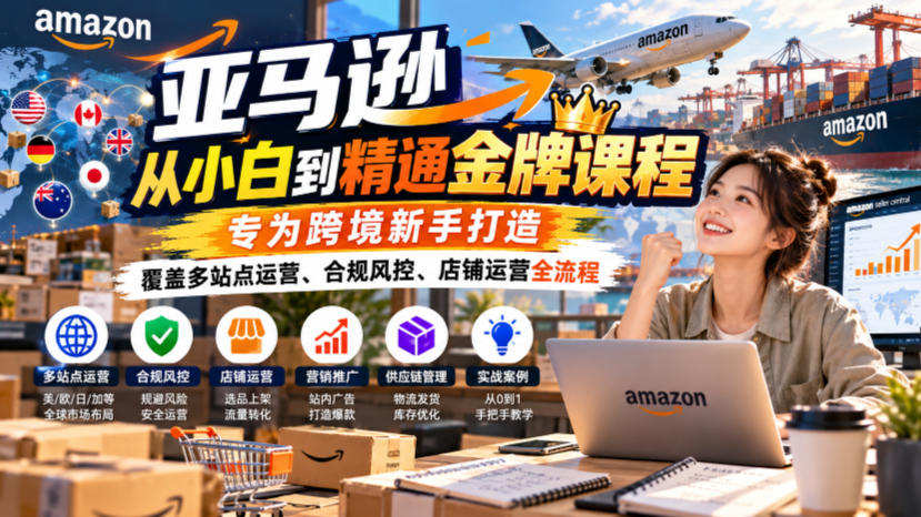 亚马逊从小白到精通金牌课程，专为跨境新手打造，覆盖多站点运营、合规风控、店铺运营全流程-鑫梵淘轻创网