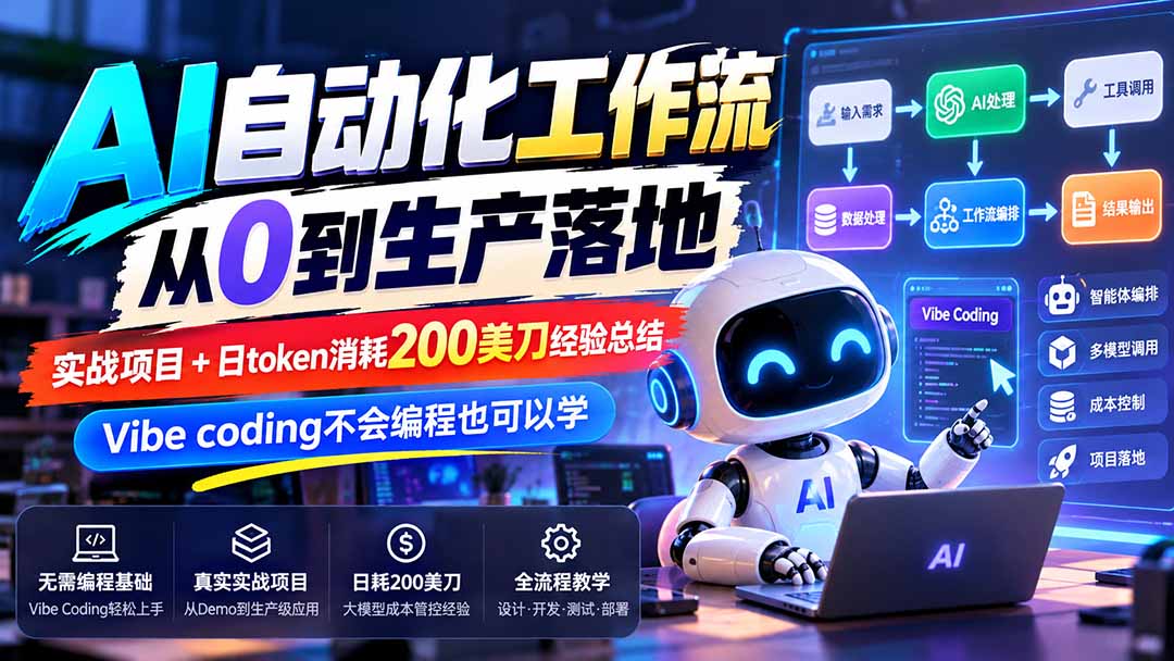 【无水印】AI自动化工作流从0到生产落地，实战项目+日token消耗200美刀经验总结，Vibe coding不会编程也可以学-鑫梵淘轻创网