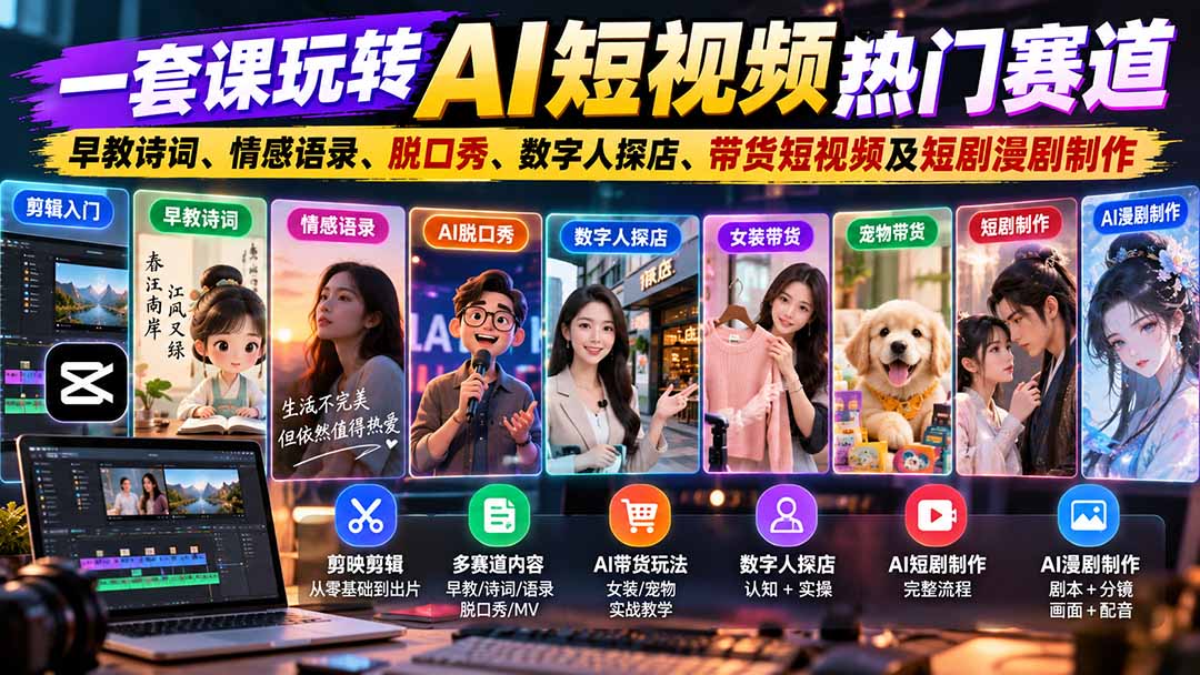 一套课玩转AI短视频热门赛道：早教诗词、情感语录、脱口秀、数字人探店、带货短视频及短剧漫剧制作  复制标题-鑫梵淘轻创网