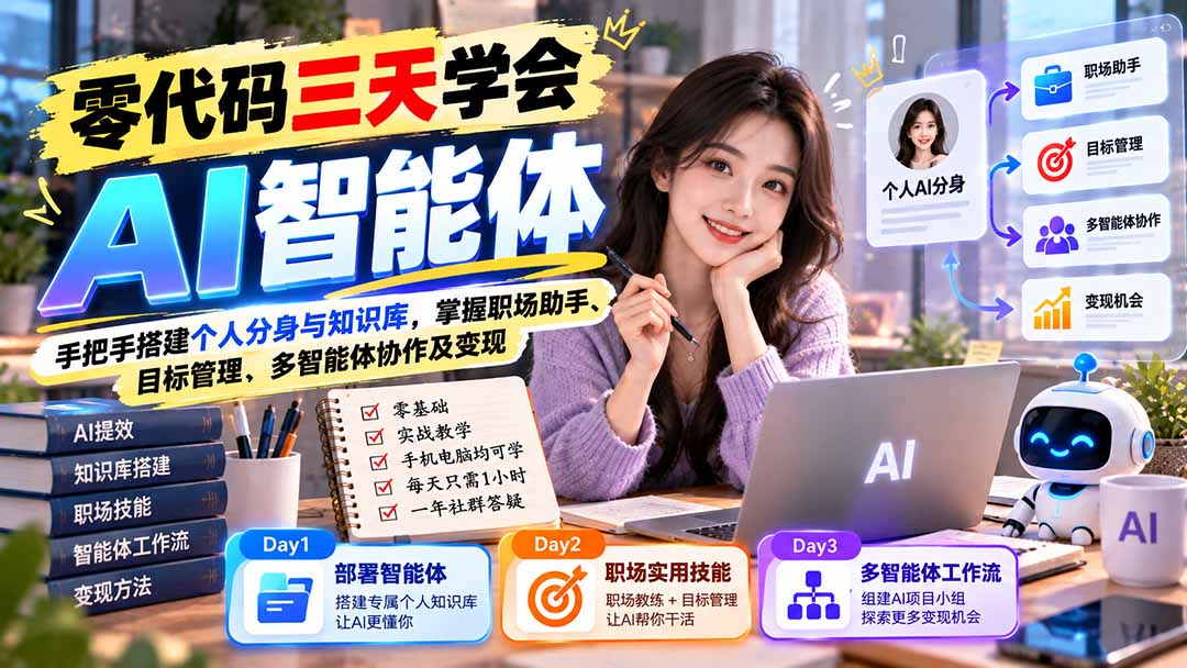 【无水印】零代码三天学会AI智能体:手把手搭建个人分身与知识库,掌握职场助手、目标管理、多智能体协作及变现-鑫梵淘轻创网