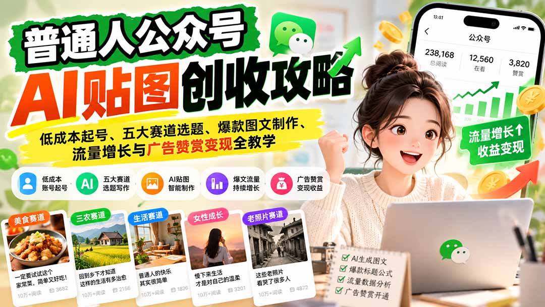 普通人公众号AI贴图创收攻略:低成本起号、五大赛道选题、爆款图文制作、流量增长与广告赞赏变现全教学-鑫梵淘轻创网