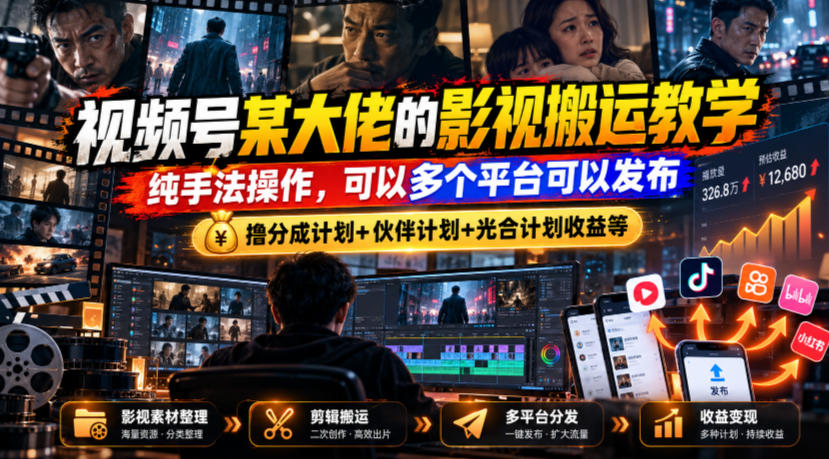 视频号某大佬的影视搬运教学,纯手法操作,可以多个平台可以发布,撸分成计划+伙伴计划+光合计划收益等-鑫梵淘轻创网
