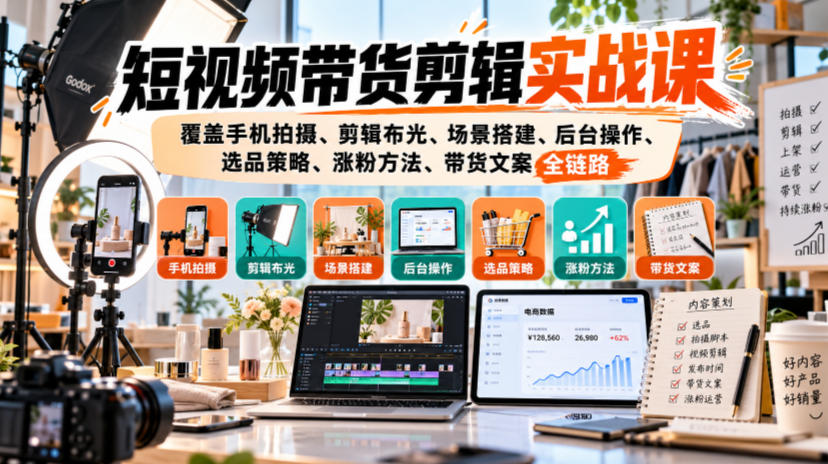 短视频带货剪辑实战课，覆盖手机拍摄、剪辑布光、场景搭建、后台操作、选品策略、涨粉方法、带货文案全链路-鑫梵淘轻创网