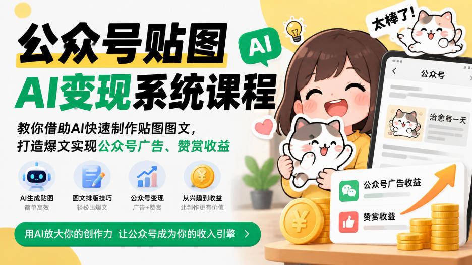公众号贴图AI变现系统课程｜教你借助AI快速制作贴图图文，打造爆文实现公众号广告、赞赏收益-鑫梵淘轻创网