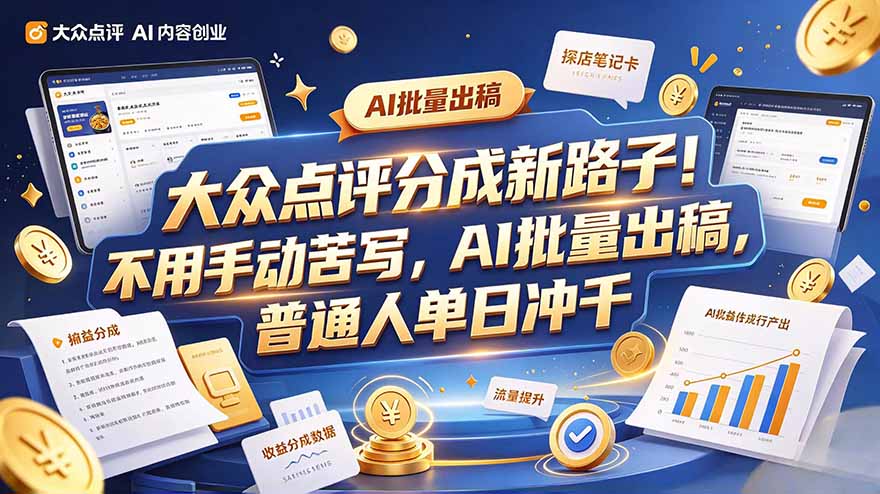 大众点评副业新玩法,工具提效解放双手,批量做笔记,单日可破千-鑫梵淘轻创网