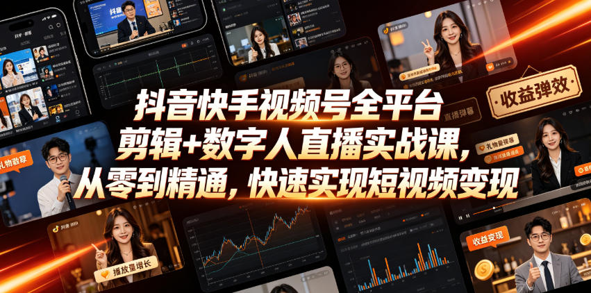 抖音快手视频号全平台剪辑+数字人直播实战课，从零到精通，快速实现短视频变现(更新2026年10月)​-鑫梵淘轻创网