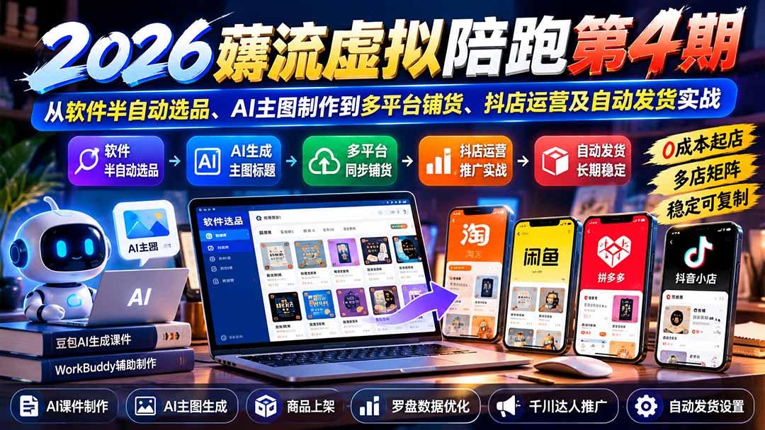 2026薅流虚拟陪跑第4期:从软件半自动选品、AI主图制作到多平台铺货、抖店运营及自动发货实战-鑫梵淘轻创网