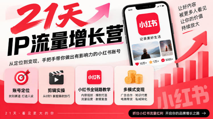 21天IP流量增长营,小红书全链路教学,账号定位剪辑实操,多模式变现系统课-鑫梵淘轻创网